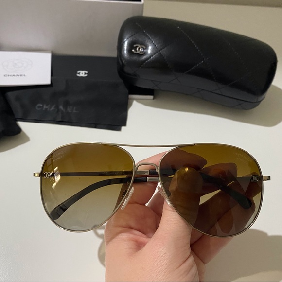 CHANEL Accessories - Chanel aviator pilot polarized sunglasses in pale gold